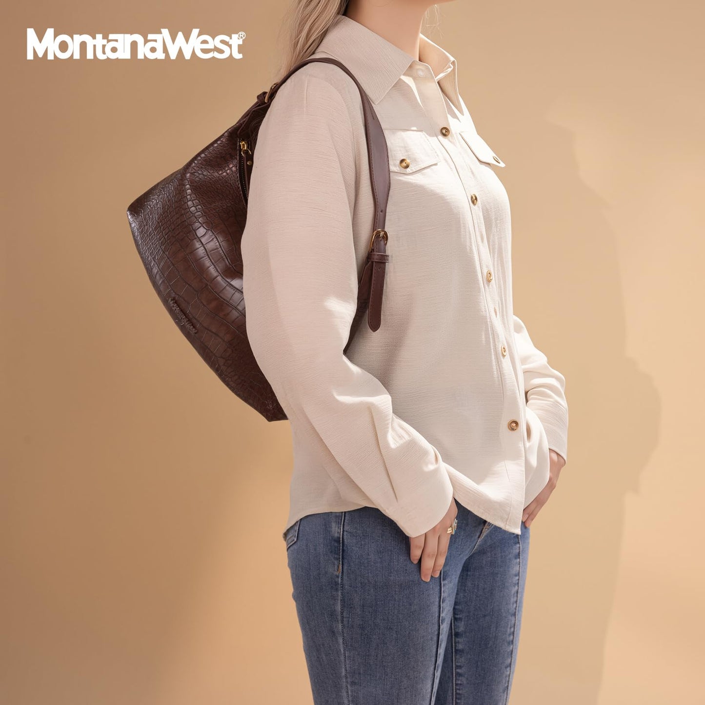 Montana West Shoulder Hobo Bags for Women Crocodile Trendy Purses Vegan Leather Crescent Purses Coffee Gift MWC-0732CF
