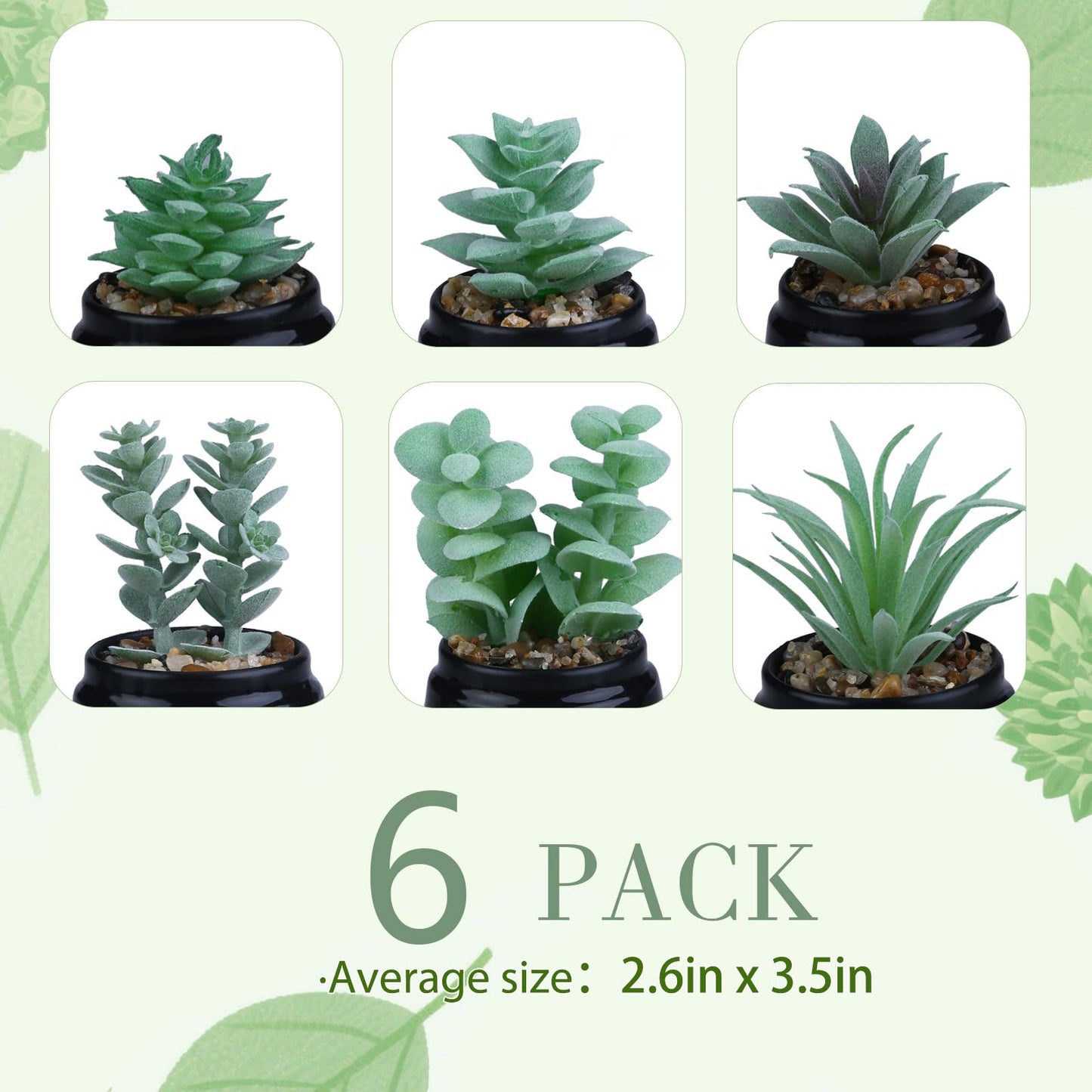 GREENTIME 6 Pcs Fake Succulent Plants Potted Set Artificial Mini Green Succulents in Black Pot as Party Gift Faux Plants Indoor for Home Office Desk Bathroom Bedroom Living Room Table Shelf Decoration