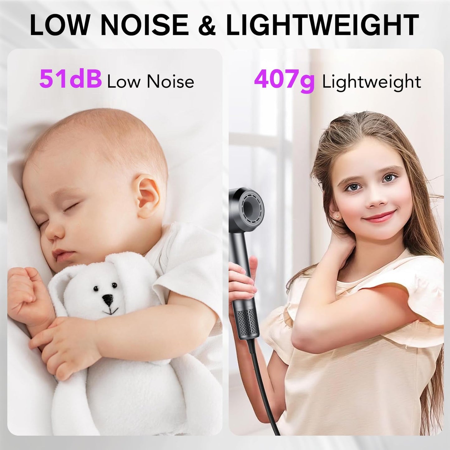 Hair Dryer, 160000 RPM Professional High Speed Ionic Blow Dryer 500 Million Negative Ions & Heat-Control & Low Noise Hairdryer for Faster Drying All Hair Types, No Heat Damage, Travel with Diffuser