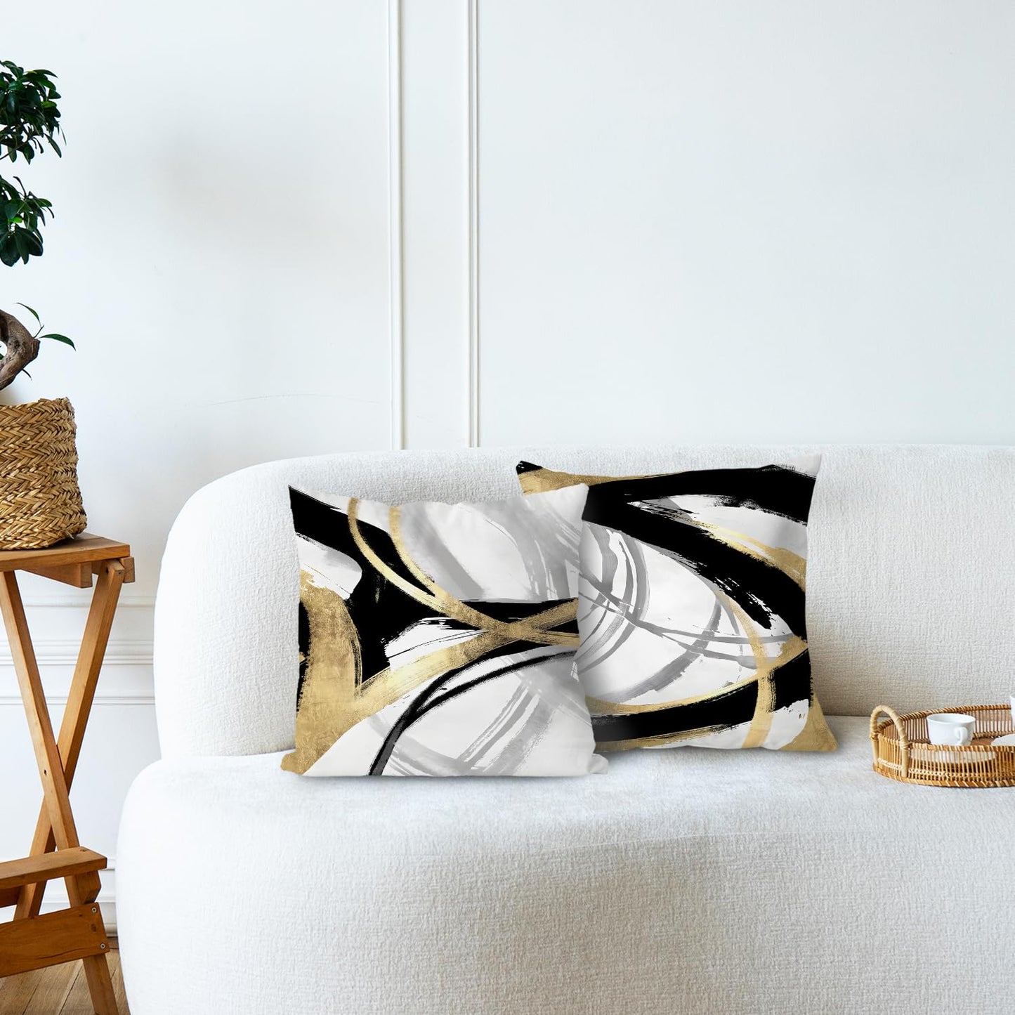Supwhd Black White and Gold Pillow Covers, Abstract Black and Gold Pillow Covers 18x18 Set of 2, Modern Boho Home Decor, Black and Gold Decorative Throw Pillows Cover for Couch Living Room Bedroom