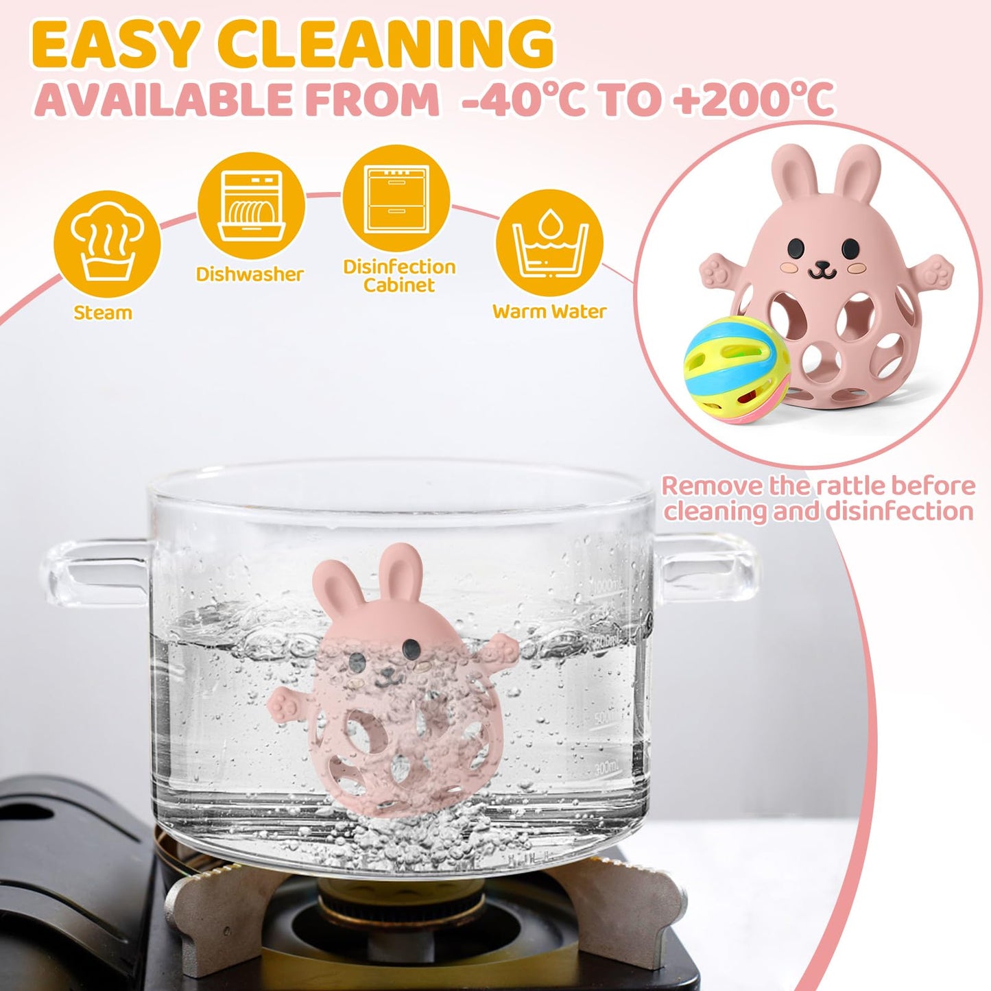 Orzbow Baby Teething Toys 3-6 Months, 2 in 1 Rattle & Hand Teethers for Teething Relief, Easy Grasp Teething Mittens for Babies 0-12 Months,Food Grade Silicone, Newborn Infant Toddler Gift, Pink