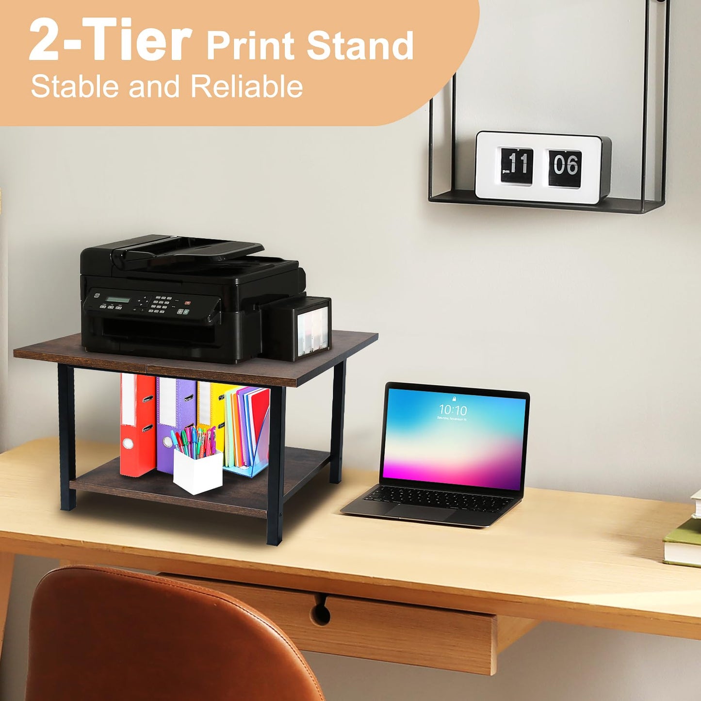 RANXFLOAT Printer Stand, Under Desk Printer Table with Wheels, 2 Tier Industrial Mobile Printer Table with Storage Shelf, Rolling Printer Cart Holder for Home, Office, Rustic Brown and Black