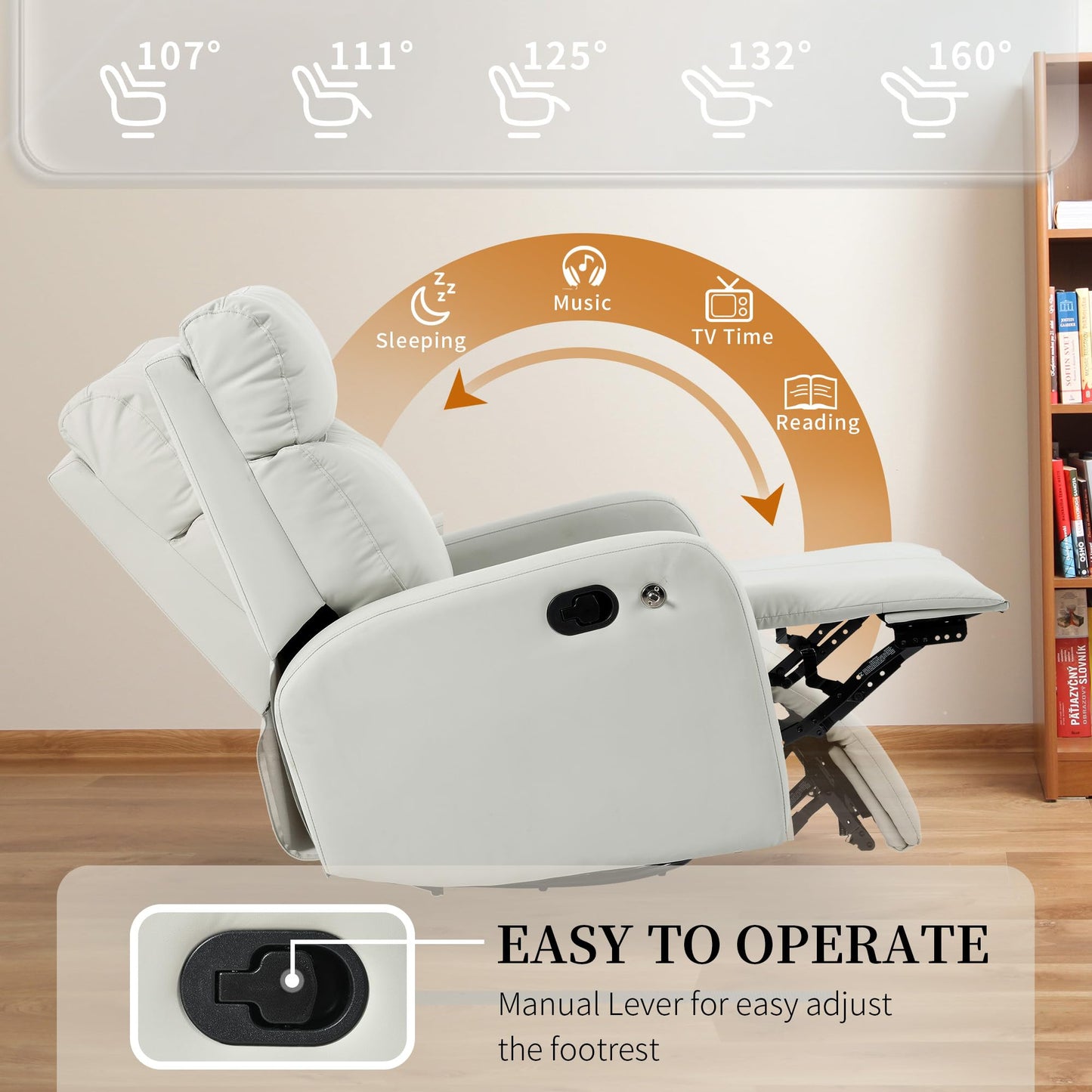 CHSICFOR Modern Recliner, Swivel Glider Chair, Nursery Reclining Sofa with Lumbar Support, Adult Soft Padded Faux Leather, 360 Free Rotation, Removable Phone Holder, Gray