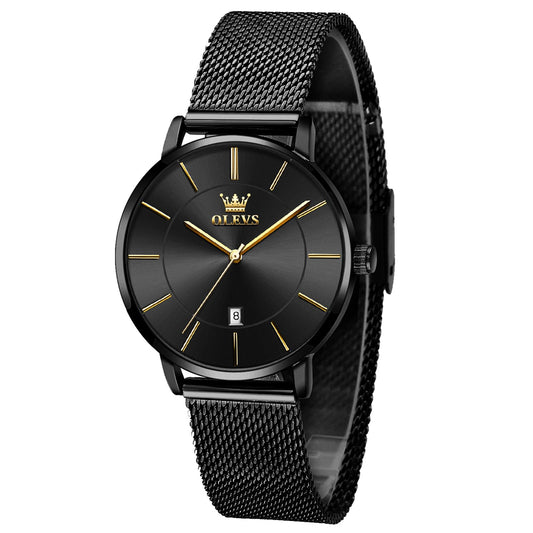 OLEVS Watch Women Small Wrist Simple Waterproof Analog Quartz Ultra Thin Black Face Date Calendar Fashion Dress Mesh Bracelet Ladies Watches for Women