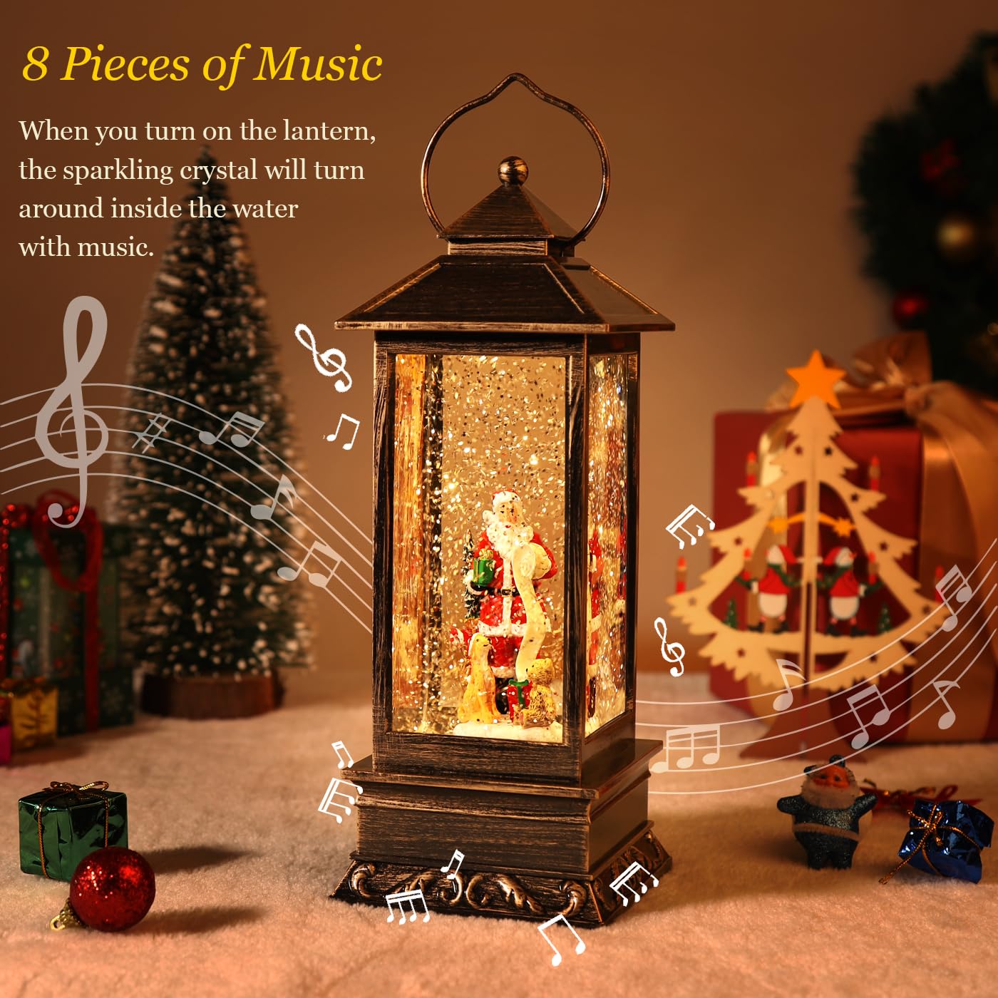 Christmas Snow Globes Lantern, Christmas Decoration Indoor, Battery Powered or USB Powered, Water Globe Lantern with Music and Timer, for Family Kids, Holiday Decorations