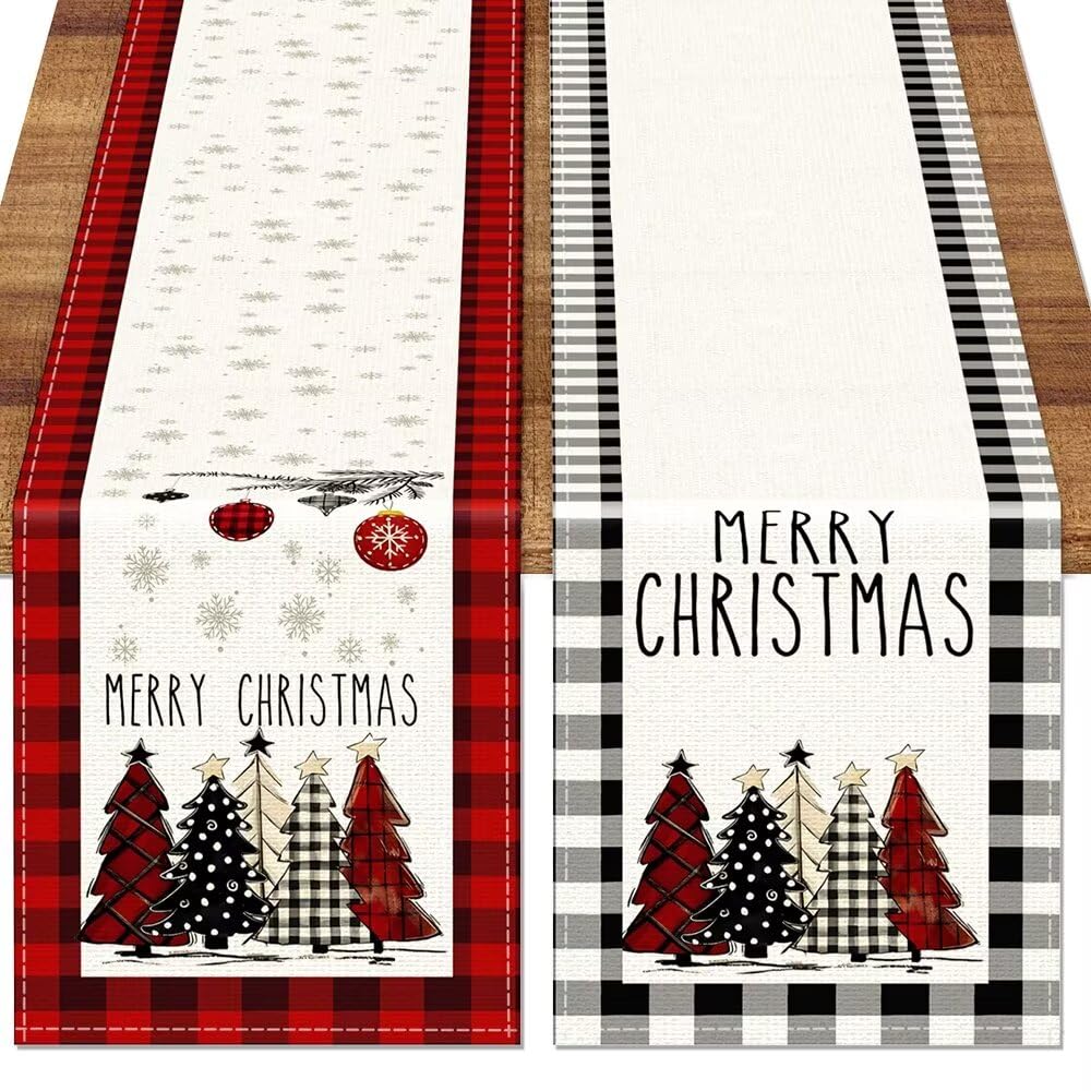 TOYPOPOR Set of 2 Christmas Table Runner, TOYPOPOR 2Pcs Buffalo Linen Christmas Trees Dining Table Runner for Xmas Holiday Seasonal Winter Decoration Indoor Outdoor Party Wedding - 72Inches