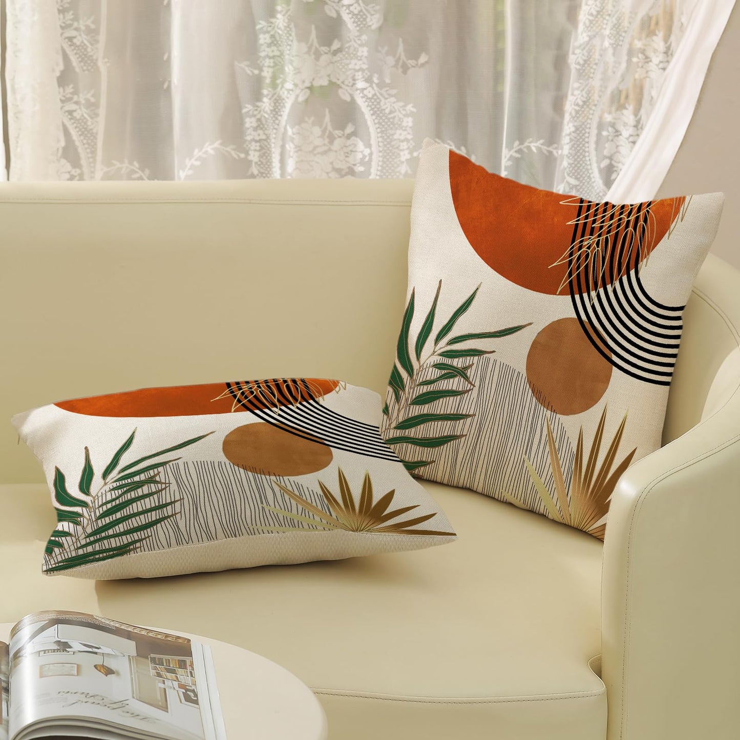 GOLIANDA Boho Pillow Covers 20x20 Set of 2 Green Gold Orange Throw Pillows Tropical Leaves Sunset Modern Mid Century Decorative Pillowcase Outdoor Bohemian Linen Cushion Case for Couch Sofa Bed Decor