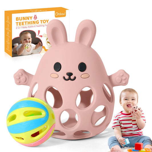 Orzbow Baby Teething Toys 3-6 Months, 2 in 1 Rattle & Hand Teethers for Teething Relief, Easy Grasp Teething Mittens for Babies 0-12 Months,Food Grade Silicone, Newborn Infant Toddler Gift, Pink