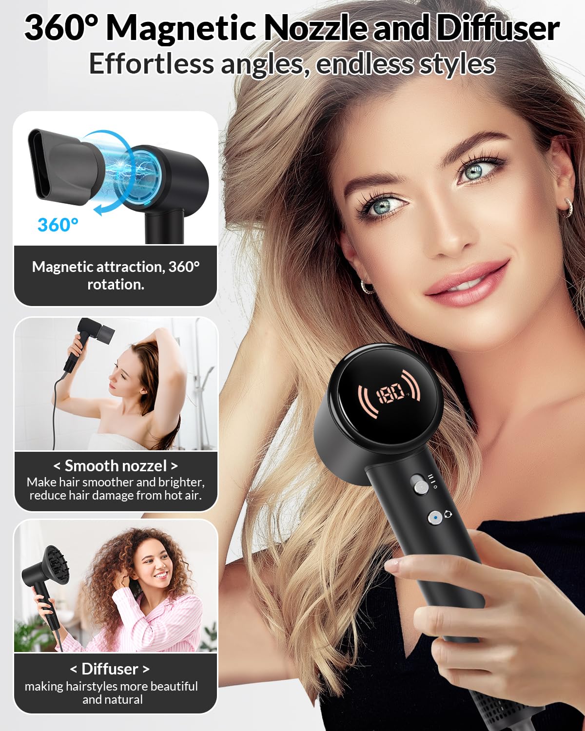 Hair Dryer,Travel Hair Dryer with Diffuser,110000 RPM High Speed Ionic Blow Dryer,Temperature Display,Low Noise&Lightweight Blow Dryer,Fast-Drying,No Heat Damage,Suitable for All Hairstyles(Black)