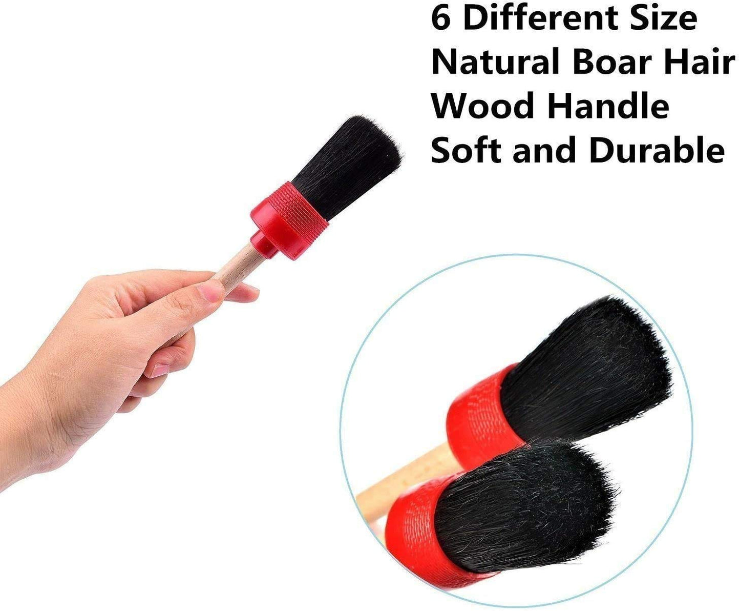 Nurkul 11Pcs Auto Detailing Set, Boar Hair Brushes, Steel Wire & A/C Brushes, Red, Soft Bristles, Wood Handles for Cleaning Interior, Exterior, Leather, 6 Sizes