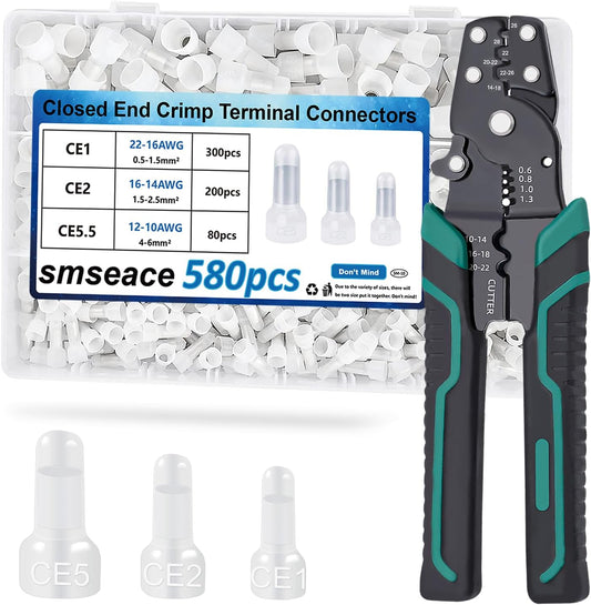 smseace 580pcs 3-Values Closed End Crimp Terminal with Wire Stripper Crimping tool 22-16/16-14/12-10AWG Wire End Caps Closed End Wire Connectors
