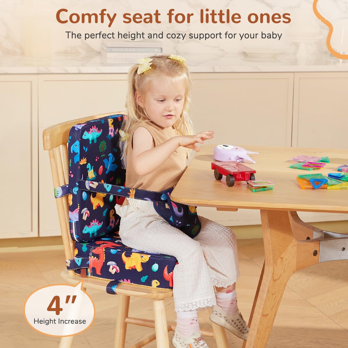 TOTIDYH Toddler Booster Seat for Kitchen Chair, Non-Slip Bottom Dining Table Booster Seat with Backrest and Adjustable Straps, Portable Eating Travel Increasing Cushion