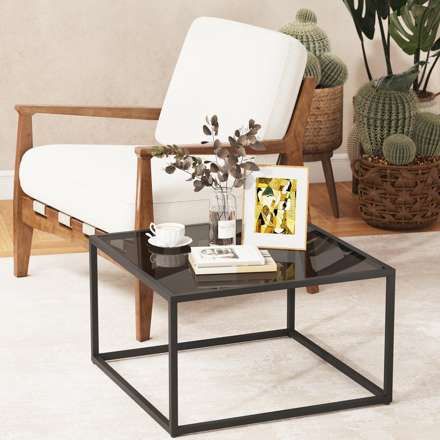 YMYNY Glass Coffee Table, Tempered Glass Square Coffee Tables with Metal Frame, Unique Modern Table for Living Room Home Office 26.77" x 26.77" x 15.75", Black, UHCT001B