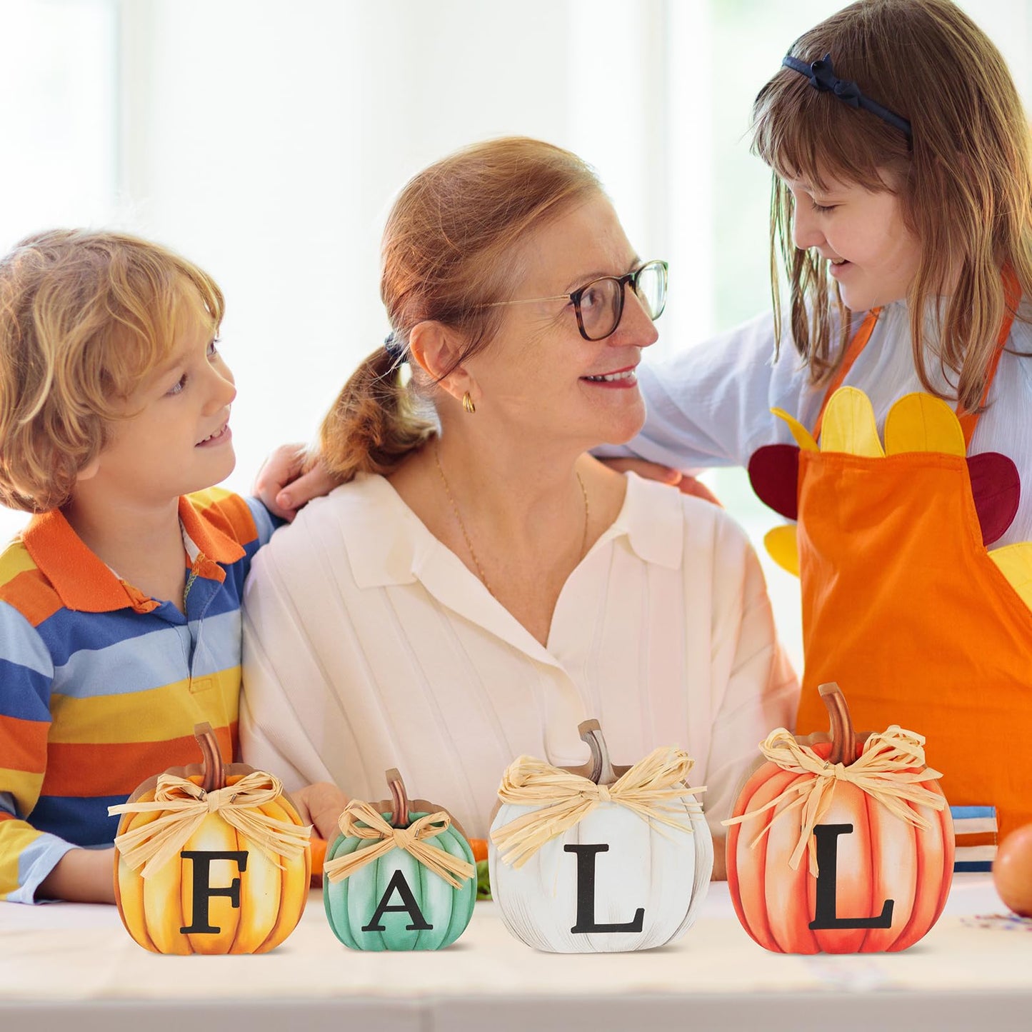 4 PCS Fall Pumpkin Wooden Signs Autumn Small Table Decoration Tiered Tray Pumpkin Tabletop Decor for Thanksgiving Home Kitchen Harvest Party Decor