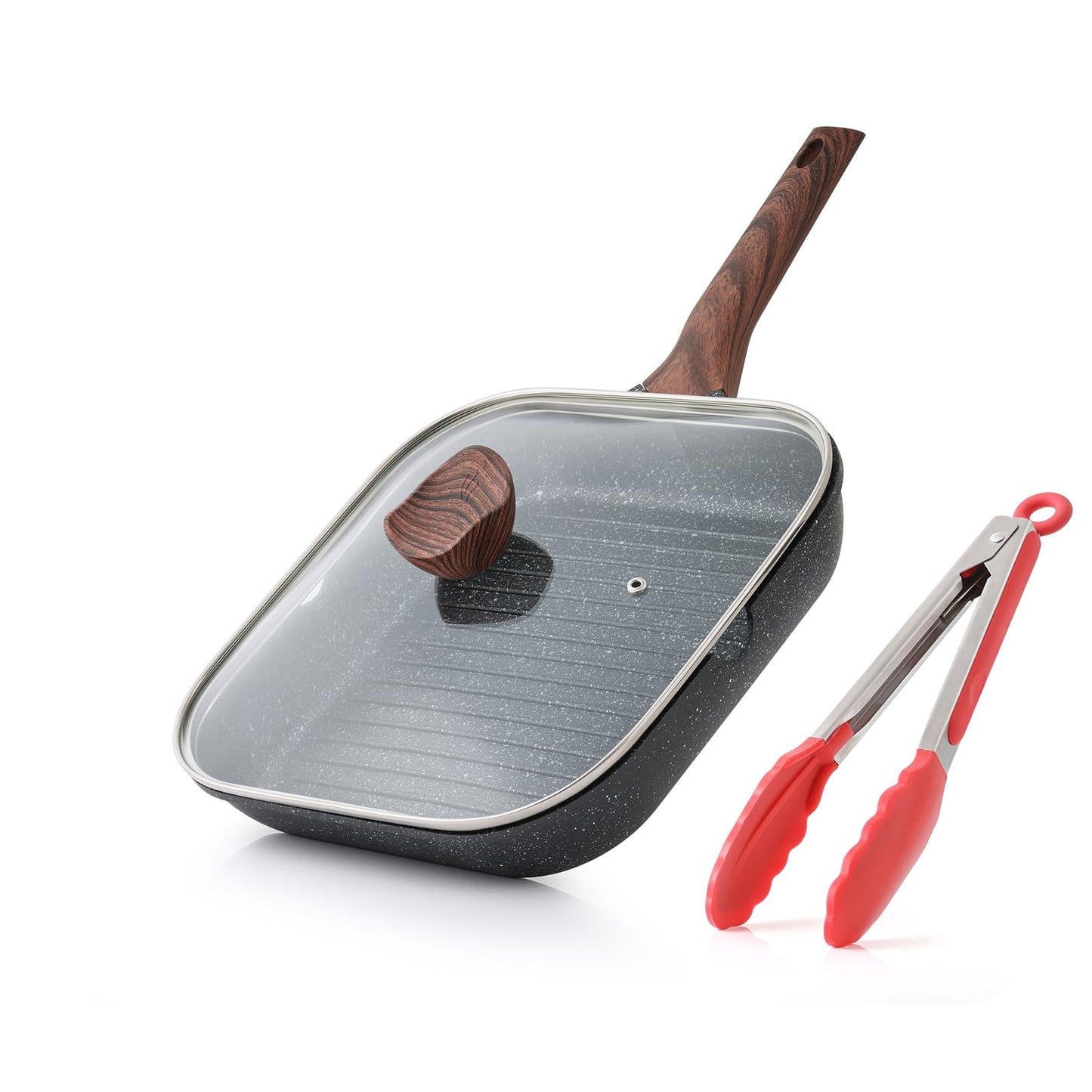 Kordisen Nonstick Grilling Pan with Lid for Stove Tops, 11 Inch Square Grill Pan for Indoor Cooking, Granite Coating Grill Skillet with Pour Spouts, Versatile Griddle, Induction Steak Pan, PFOA Free