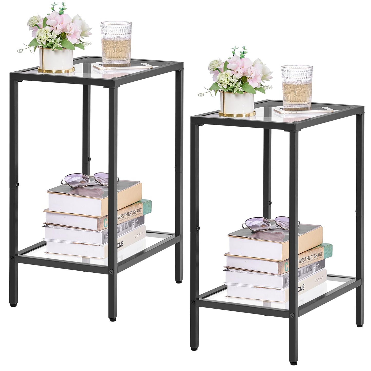 HOMSHO Side Tables Set of 2, End Tables with Tempered Glass, 2-Tier Nightstands with Storage Shelves, Coffee Table with Modern Style, Slim Sofa Table for Living Room, Bedroom, 11.8" D x 15" W, Black