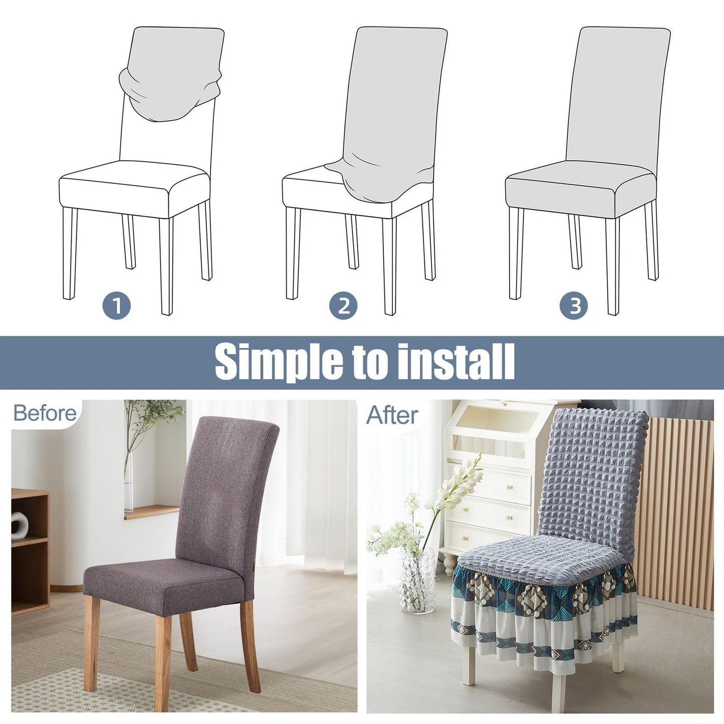 Ouxeer Dining Chair Covers Stretch Seersucker Chair Slipcover with Skirt Washable Chair Covers for Dining Room Restaurant Banquet(Cyan)