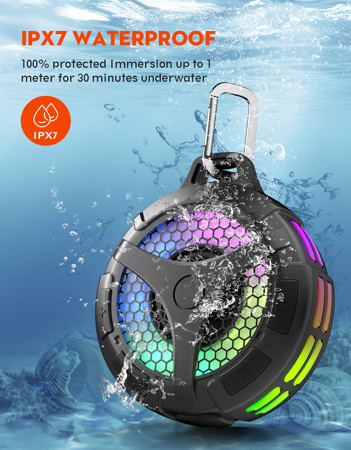 bondidea Shower Bluetooth Speaker, Small Portable Bluetooth Wireless IPX7 Waterproof Outdoor Speakers, Loud Stereo Sound Deep Bass, TWS Pairs, 6 Mode RGB Lights, for All Ages (Black)