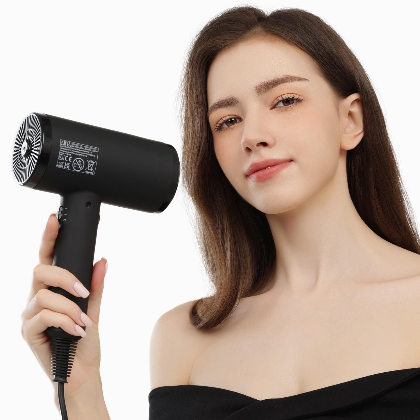 AINA Professional Salon Hair Dryer,2000W Blow Dryer with Diffuser Brush Comb for Women-BLDC Hair Dryer-Brushless Motor 150,000 RPM,Ionic,LED Display,4 Magnetic Attachments 110V/ALCI (Vader Black)
