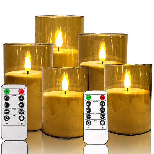 NICEME Amber Flickering Flameless Candles, Battery Operated Acrylic LED Pillar Candles with Remote Control and Timer Flameless Halloween Candles for Christmas New Year Home Decor, Set of 5