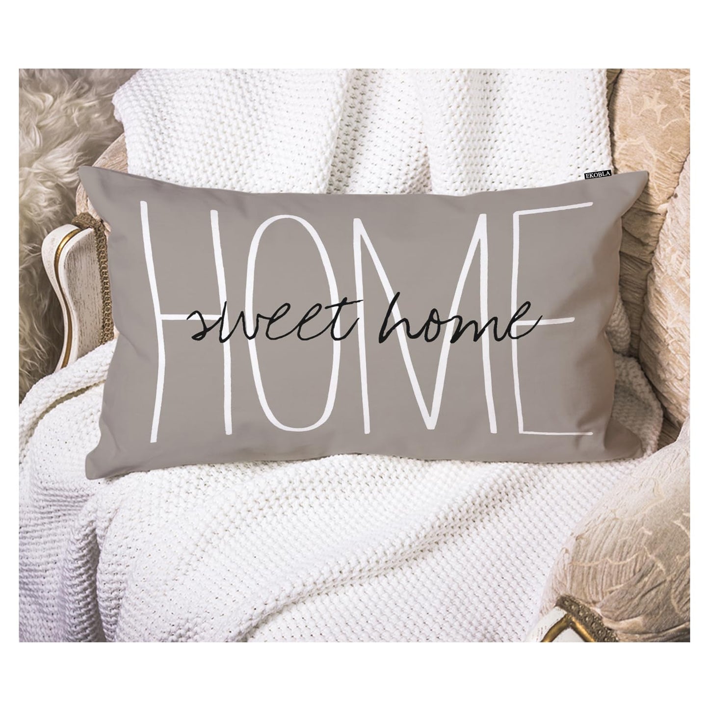 EKOBLA Decorative Pillow Cover Home Sweet Rustic Chic Quote Farmhouse Rectangle Cushion Cover Pillowcases Cotton Linen Cushion Cover 12x20 Inches