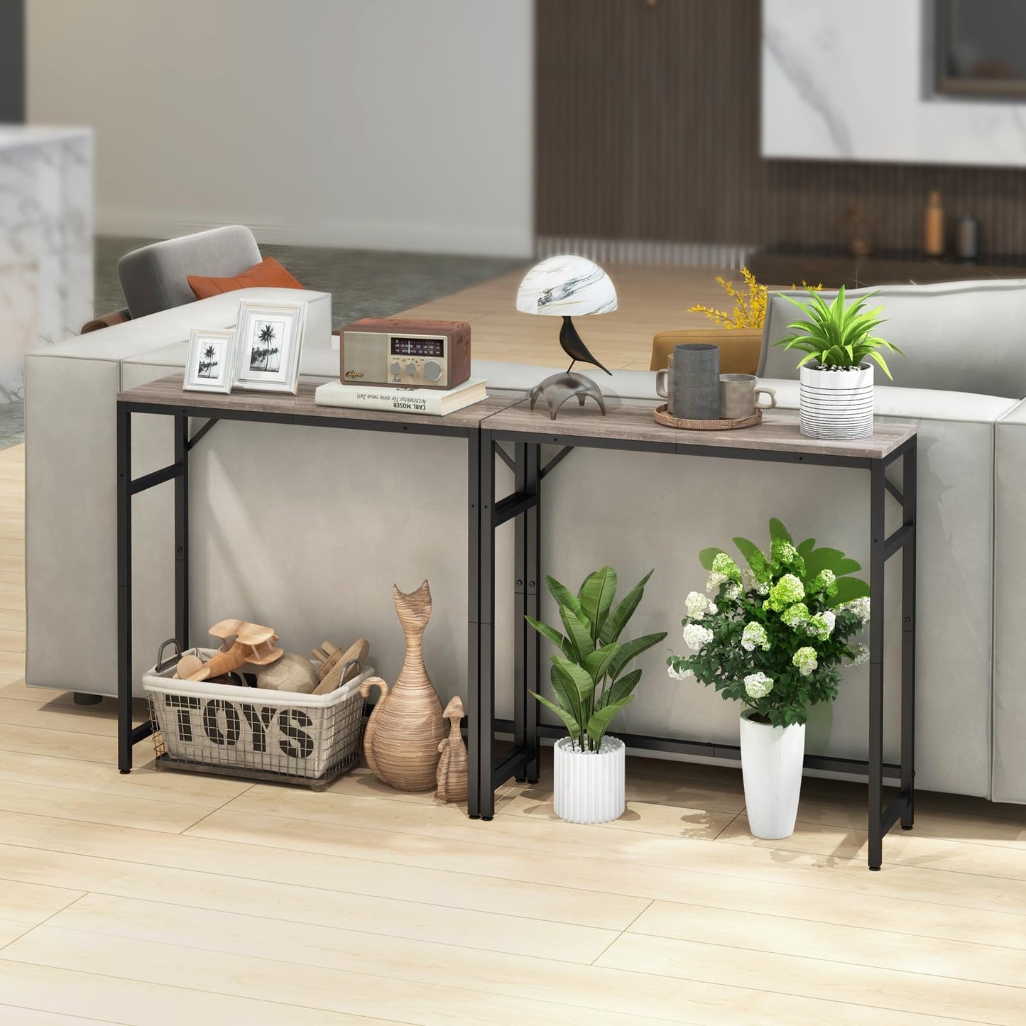 Livofloral Narrow Console Table, 29.5" Small Entryway Table, Sofa Table with 2 Support Bar, Industrial Couch Table, Thin Side Table, Display Tables for Living Room, Hallway, Bedroom, Foyer, Grey