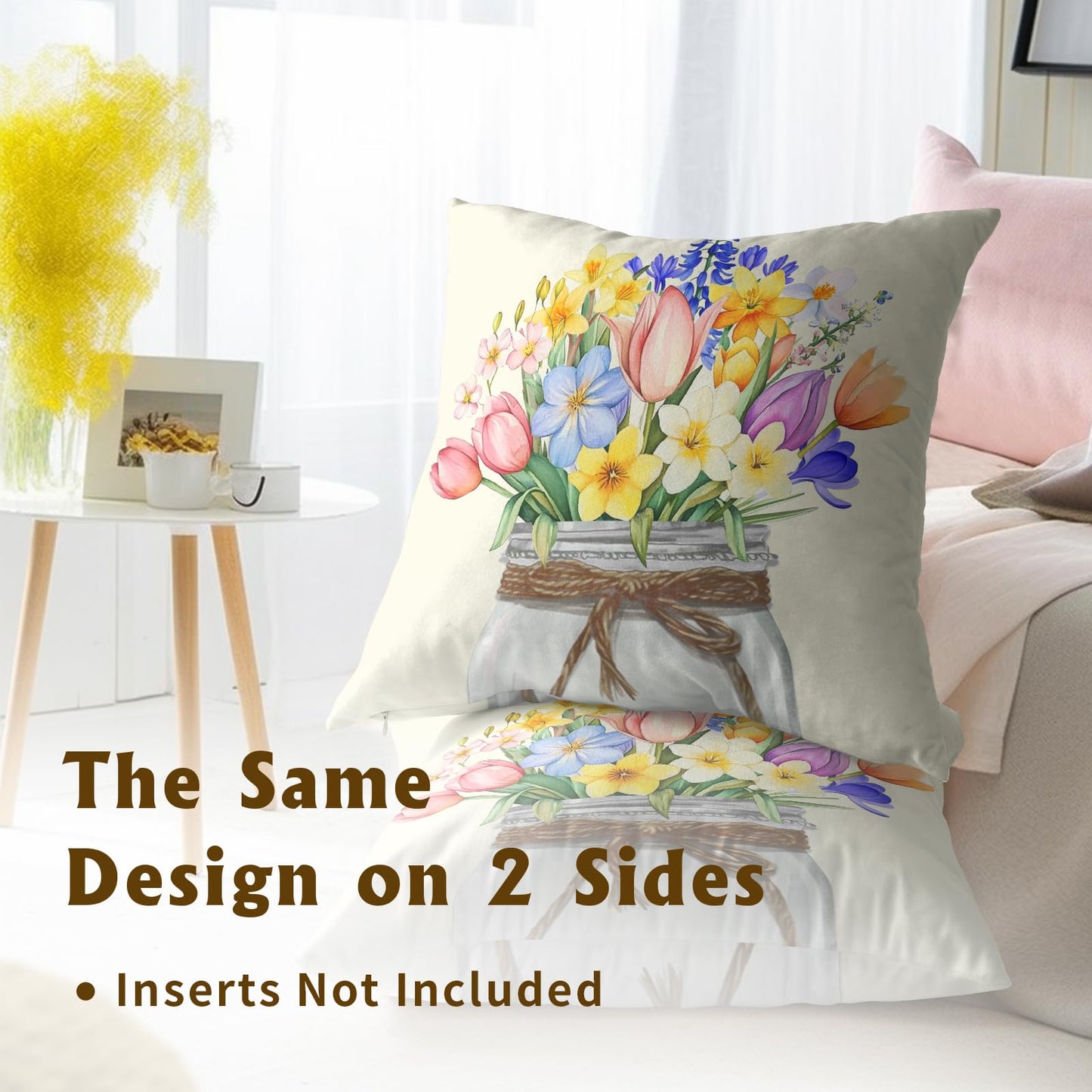 Easter Flowers Throw Pillow Covers 18x18 Set of 2, Spring Tulip Lavender Floral Mason Jar Square Pillowcases Cotton Cushion Cover Decoration for Couch Sofa Living Room Bedroom Home
