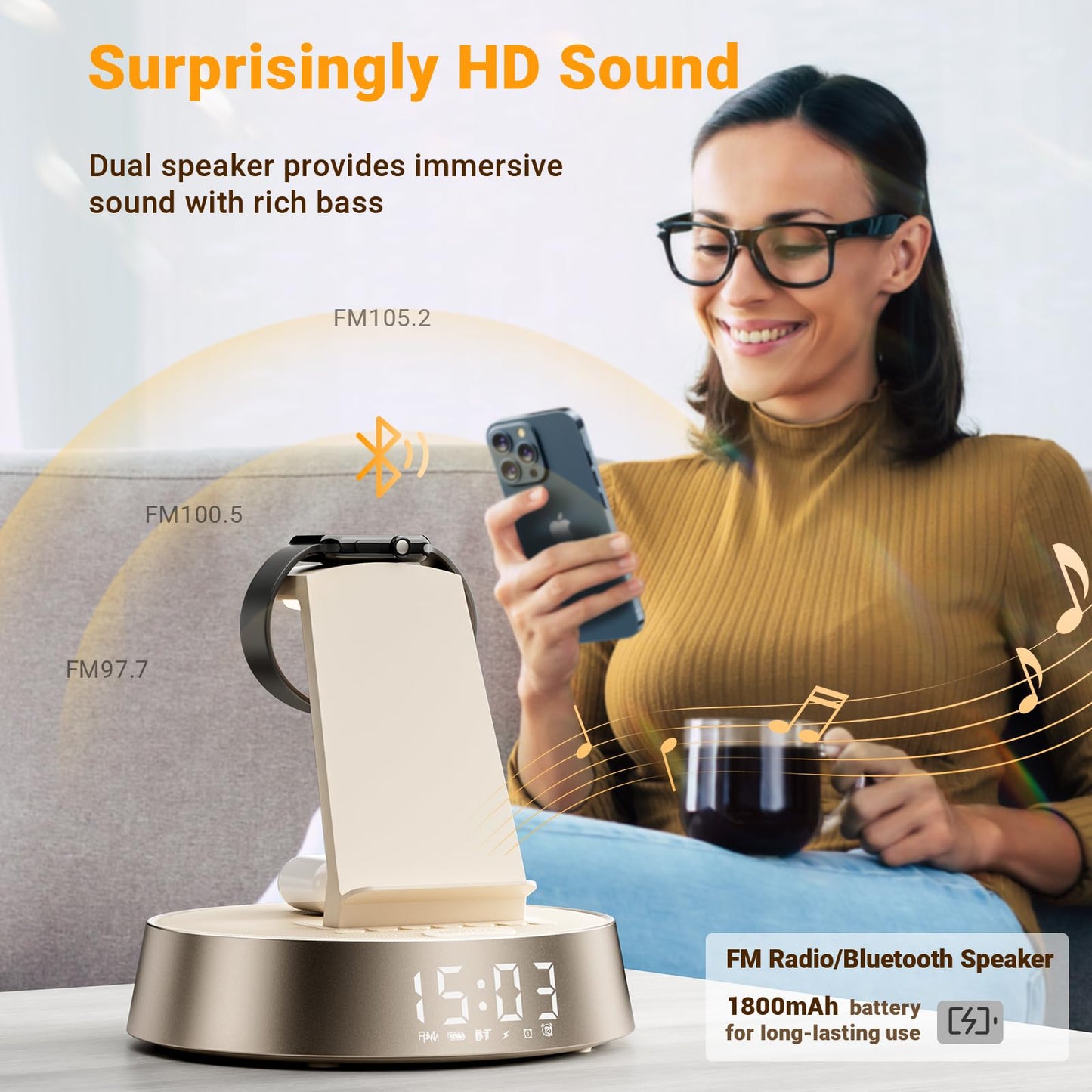 7 in 1 Wireless Charging Station, Alarm Clock for Bedroom with Dimmable Night Light Bluetooth Speaker, Dock Station for iPhone 16 15 14 13 12 11 Pro Max, Apple Watch, AirPods Pro