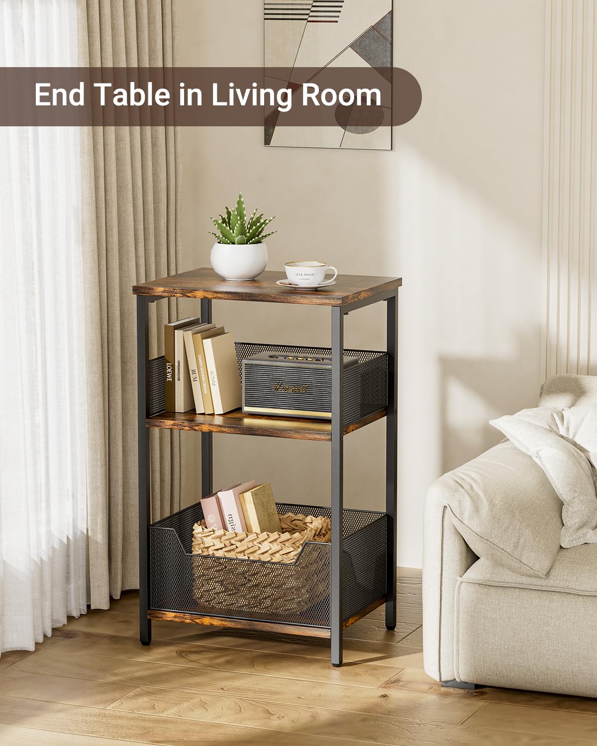 Dunatou End Table, Small Side Table Industrial Retro 3-Tier Sofa Table with Storage Shelf for Small Spaces, Living Room, Bedroom, Kitchen, Office