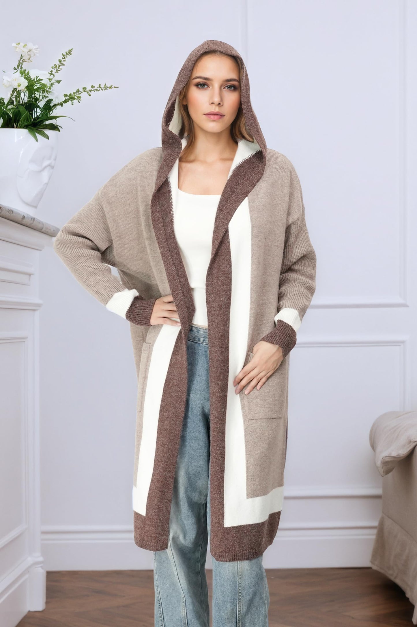 Long Sweaters for Women - Lightweight Hooded Cardigan with Batwing Sleeves, Oversized Knit Coatigan for Fall and Winter 2025 Khaki