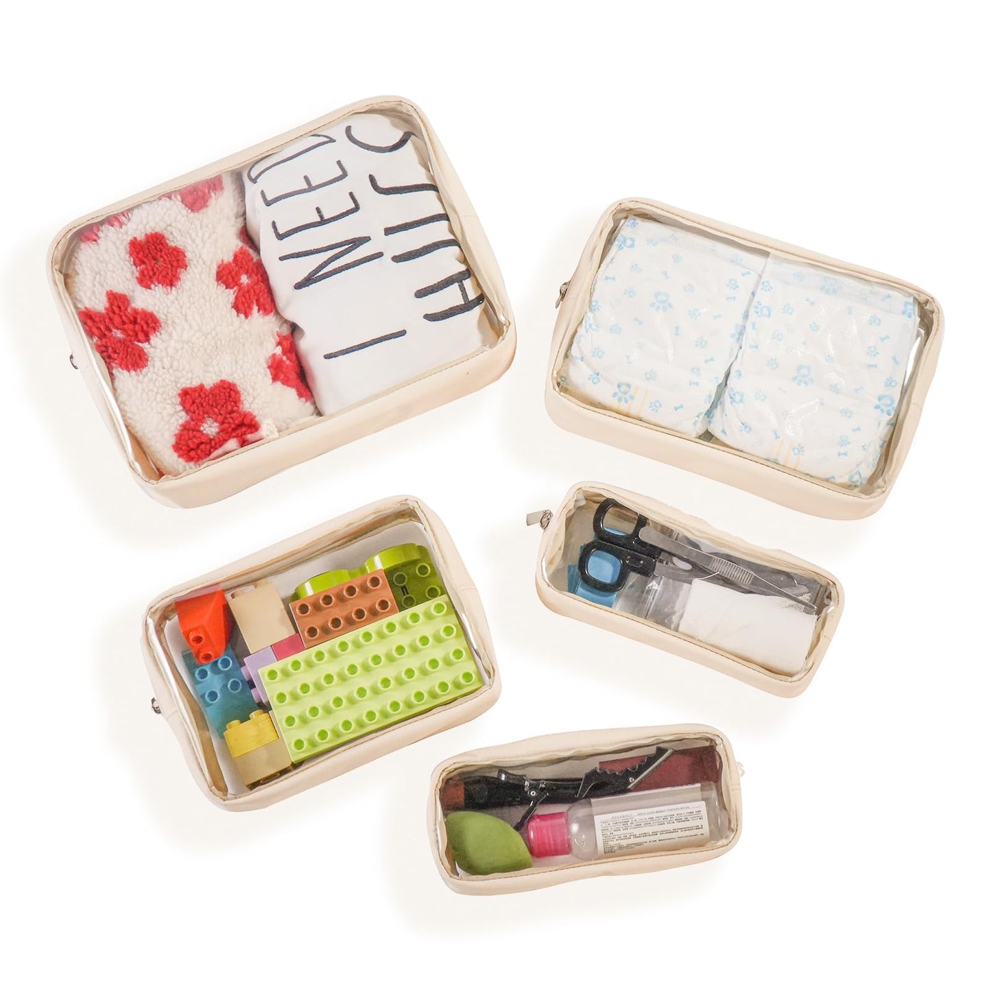 Remobia Hicol TSA Approved 5-Piece Diaper Bag Organizer Pouch Set Clear Waterproof TPU Kids Toiletry Storage Set Travel Packing Clutch Cube Bags for Baby Nursing(Cream leather)