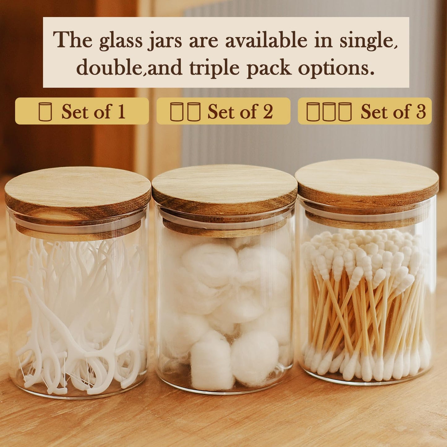 Labina Qtip Holder Glass Bathroom Organizer Storage Canisters with Wooden Lid, 10oz Jar for Cotton Balls Swabs Dispenser and Bathroom Essentials