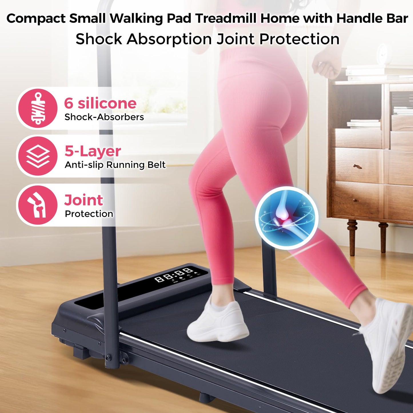 Portable Foldable Treadmills for Home Small with Handles, 3.0HP Small Folding Walking Pad Treadmill with Handle Bar with 320 LBS Capacity, Electric Compact Treadmill Home with LED Display