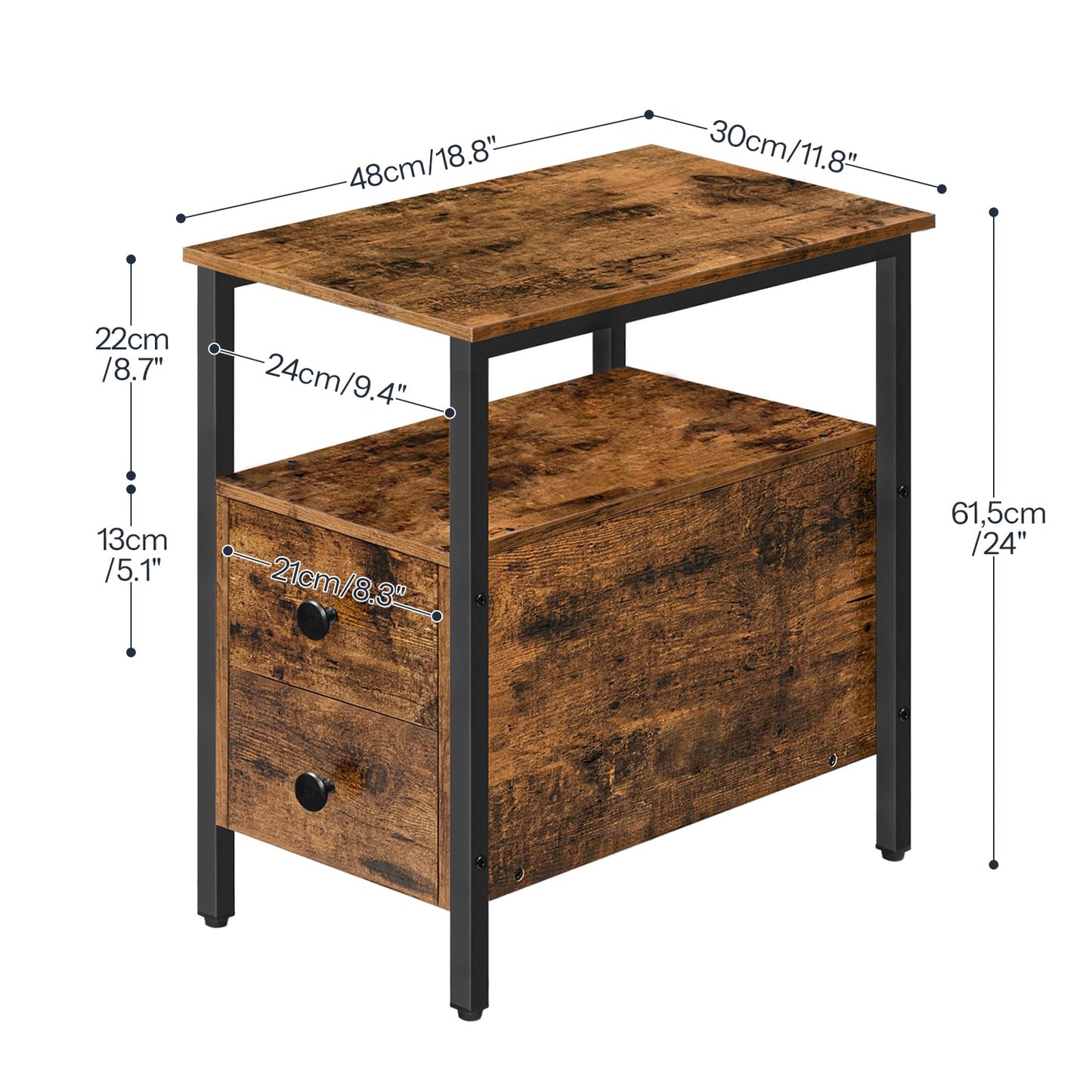 HOOBRO End Table, Narrow Chairside Table with Drawer and Open Storage Shelf, Nightstand for Small Spaces, Stable and Sturdy Construction, Wood Look Accent Furniture, Rustic Brown and Black BF548BZ01G2
