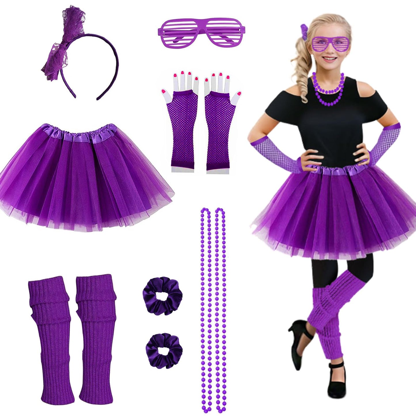 Girls 80s Outfit Costume Accessories 7pcs 70s 1980s 90s Costumes