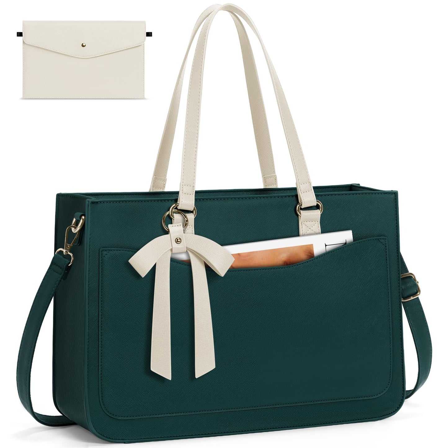 RAINSMORE Laptop Bag for Women 15.6 Inch Work Tote Bags Leather Laptop Tote Waterproof Computer Bag Professional Office Briefcase Large Handbag for College Teacher Travel, Beige and Green