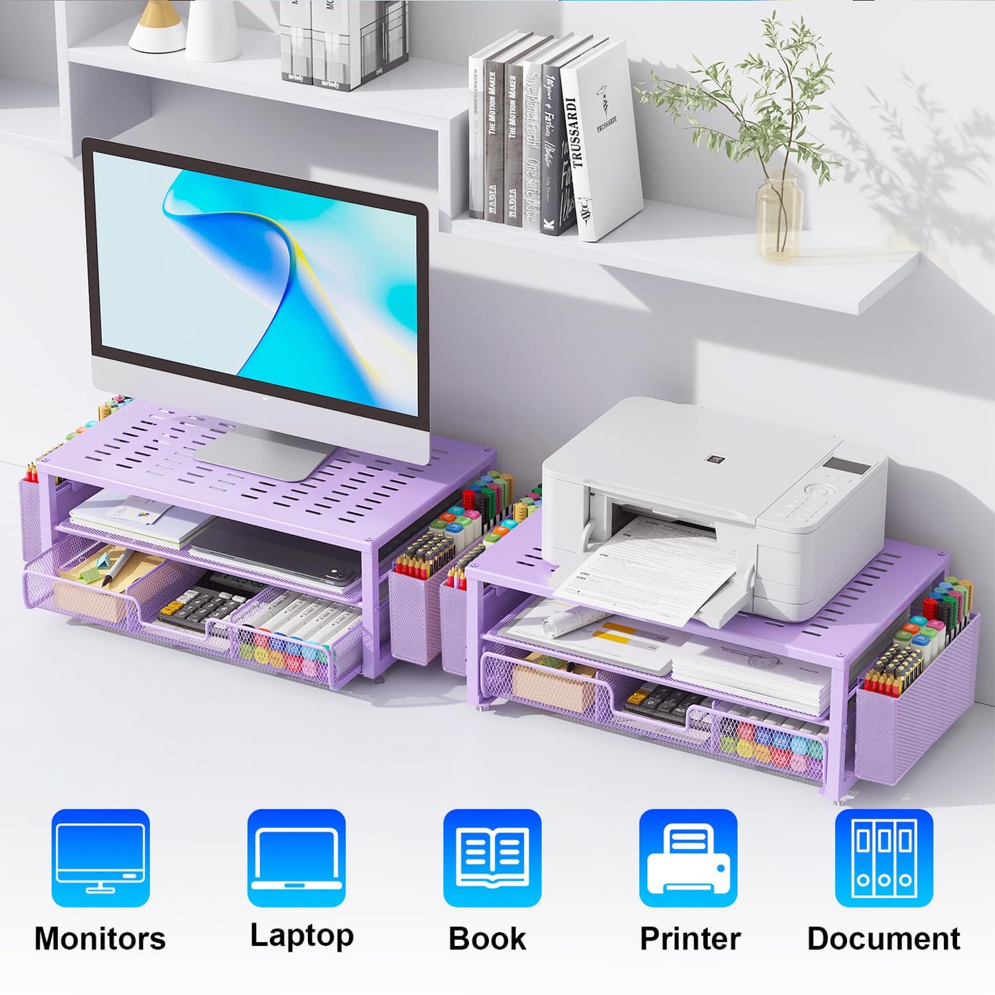 gianotter Desk Organizers and Accessories, Monitor Stand with Drawer and 2 Pen Holder, Purple Desk Accessories, Computer Stand Suitable for Offices and Dormitories (Purple)