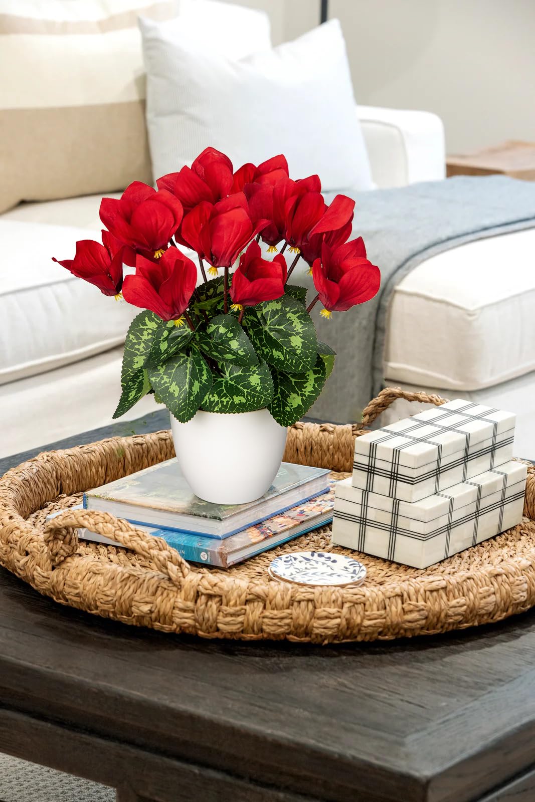 Hollyone Artificial Cyclamen Flowers Plant Potted Fake Silk Flowers Plants in White Pot Faux Red Cyclamen Flowers Arrangement Home Decor Office Bathroom Shelf Desk Decorations