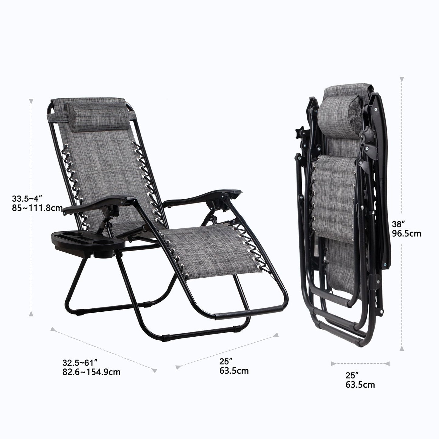 Nazhura Set of 2 Relaxing Recliners Patio Chairs Adjustable Steel Mesh Zero Gravity Lounge Chair Beach Chairs with Pillow and Cup Holder(Grey)