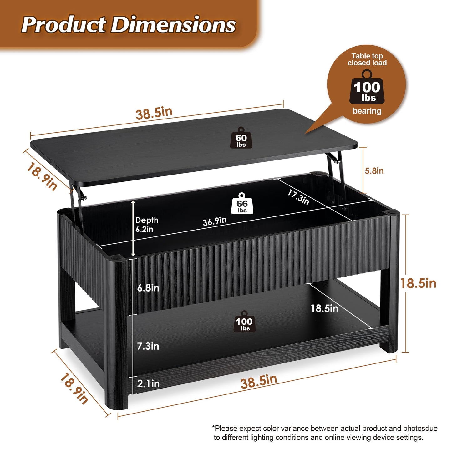 Nasonet Lift Top Coffee Table with Storage, Mid Century Modern Coffee Table with Hidden Compartment, Fluted Wood Center Table for Small Space, Living Room, Home Office(Black)