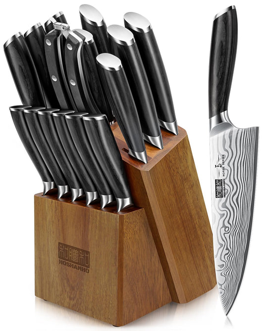 HOSHANHO 16-Piece Knife Set with Block, Ultra Sharp High Carbon Powder Steel Knife Block Set, Chef Knife Set Professional Kitchen Knives Set with Sharpener and Pakkawood Handle