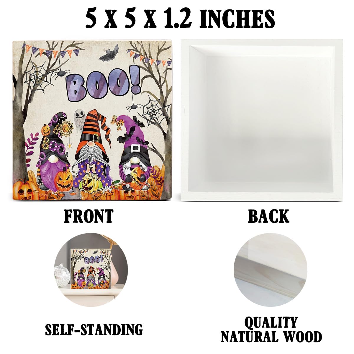 Halloween Decorations, Boo Gnomes Wooden Sign Decor Desk Sign Spooky Pumpkins Wooden Block Sign Halloween Home Decor for Table Shelf 5 x 5 Inch