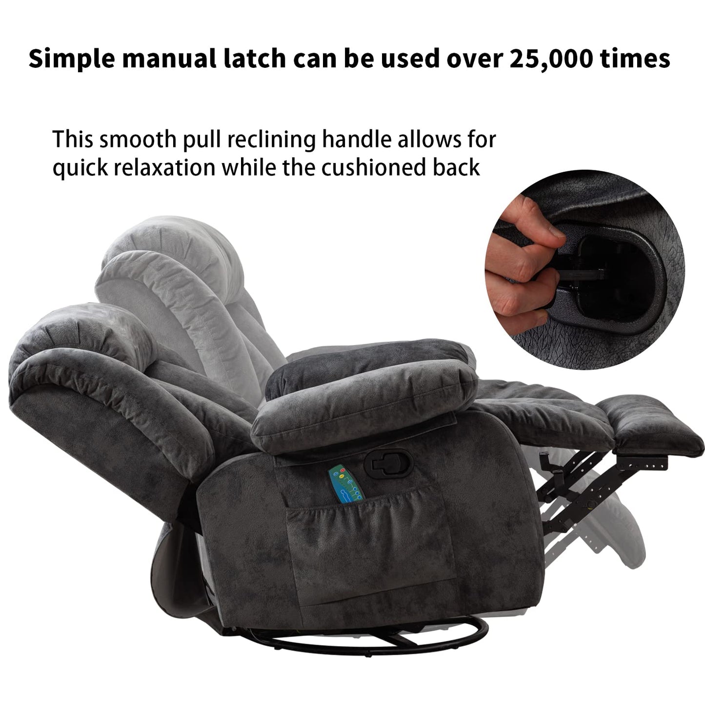 CANMOV Massage Swivel Rocker Recliner Chair with Heat and Vibration, 360 Degree Swivel Manual Recliners Antiskid Fabric Single Sofa Heavy Duty Reclining Chair for Living Room, Grey