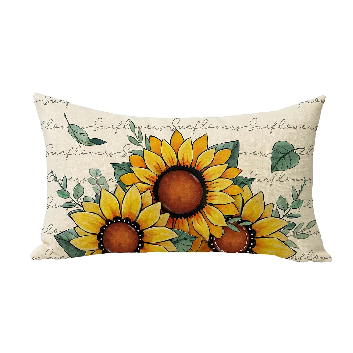 Fjfz Spring Summer Sunflower Lumbar Decorative Throw Pillow Cover 12 x 20, Rectangular Floral Flower Eucalyptus Leaves Outdoor Home Decor, Fall Autumn Seasonal Couch Cushion Case