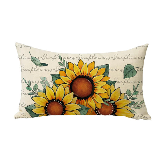 Fjfz Spring Summer Sunflower Lumbar Decorative Throw Pillow Cover 12 x 20, Rectangular Floral Flower Eucalyptus Leaves Outdoor Home Decor, Fall Autumn Seasonal Couch Cushion Case
