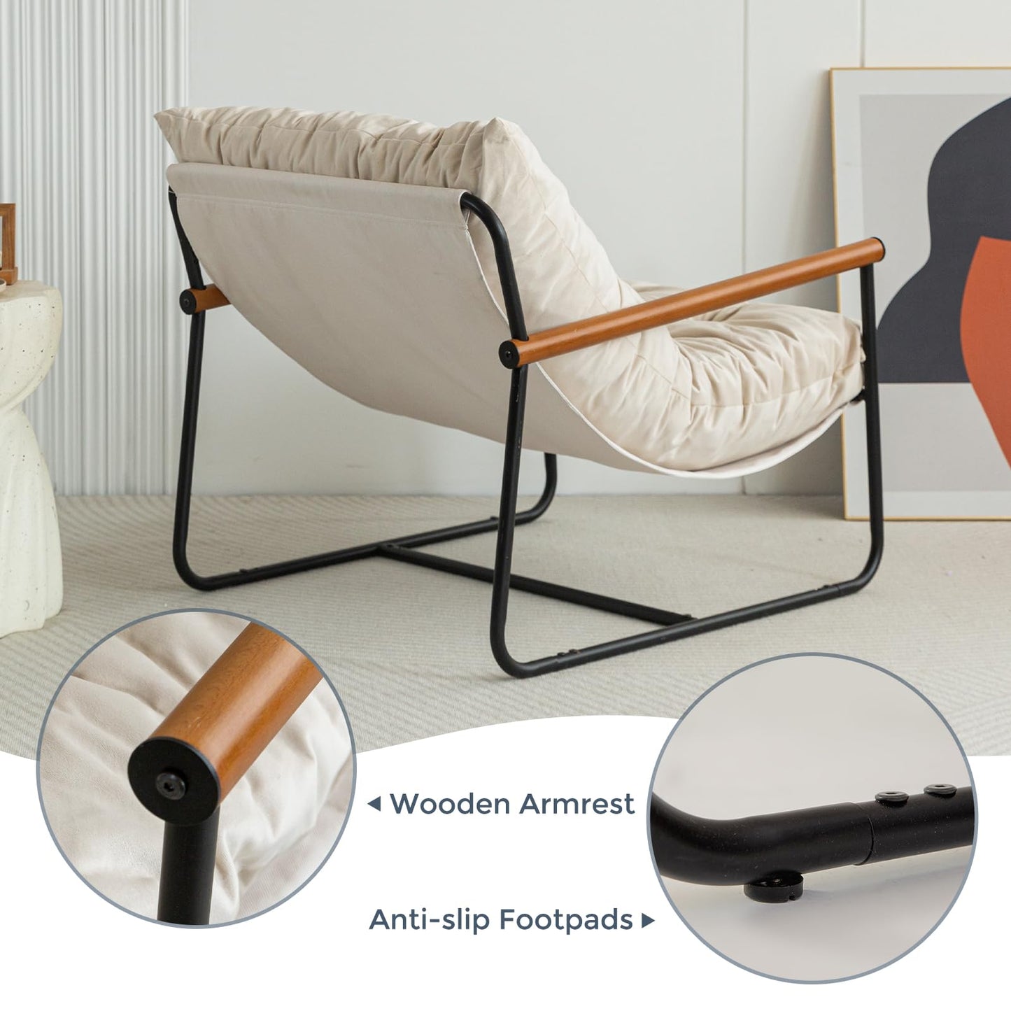 MAXYOYO Accent Chair, Velvet Arm Chair Living Room Chair with Metal Frame, Reading Accent Chair, Modern Bedroom Chair, Boucle Armchair with Wooden Arms, Beige