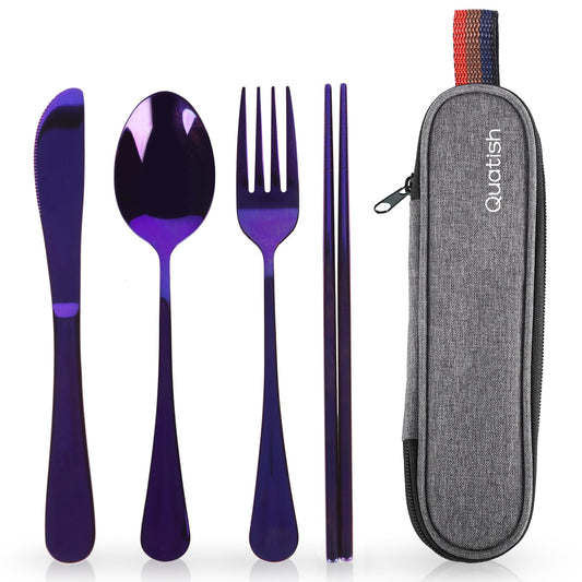 Travel Utensils with Case, Quatish Portable Silverware Set for Work, Stainless Steel Reusable Travel Cutlery Set, Fork and Spoon Set for Camping, Picnic, Gadgets, Lunch Box for Men, Black
