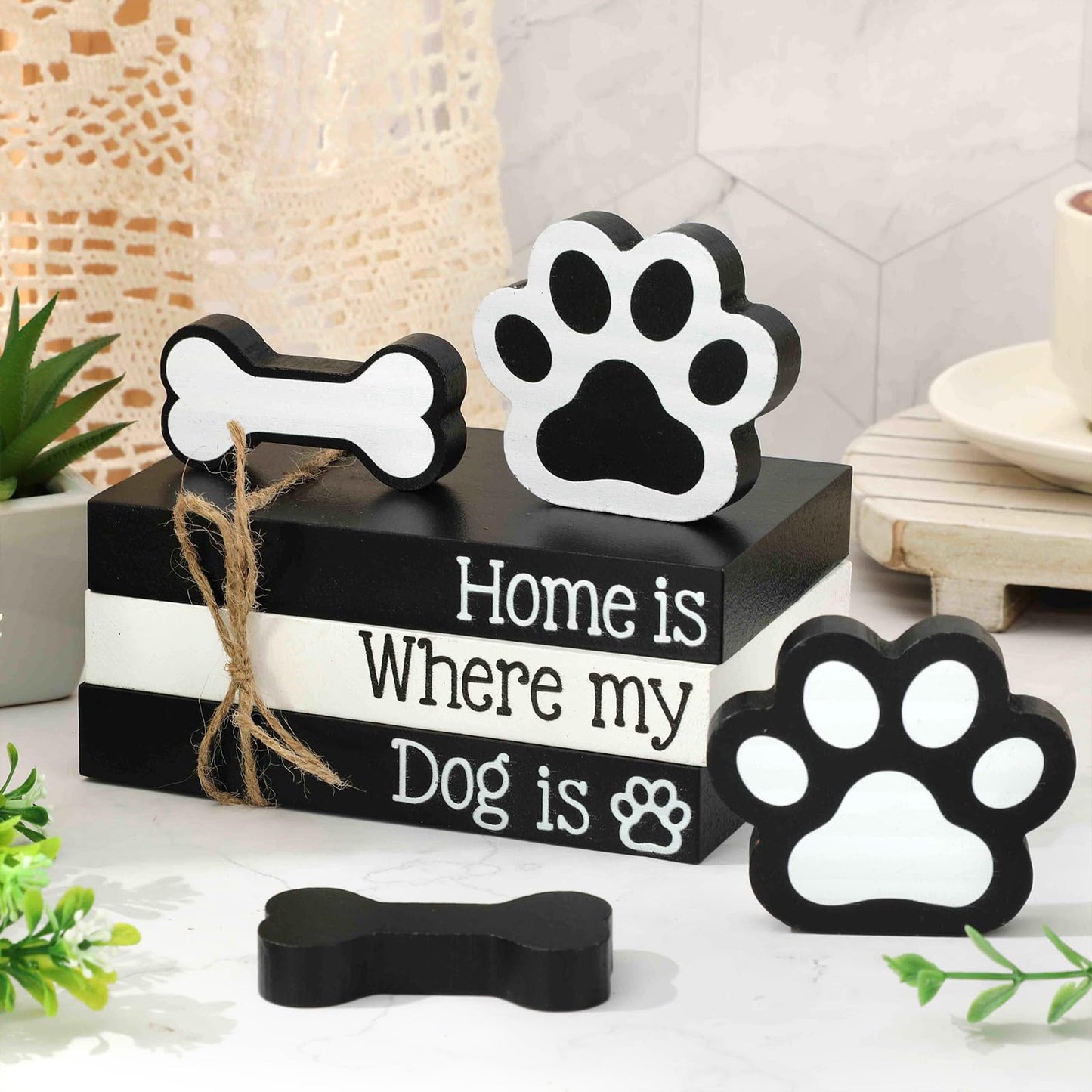 Whaline 7Pcs Dog Wooden Tiered Tray Decor Faux Stacked Books Dog Paw Bone Decorative Table Centerpiece Block Signs for Party Home Room Kitchen Dining Table Shelf Decoration