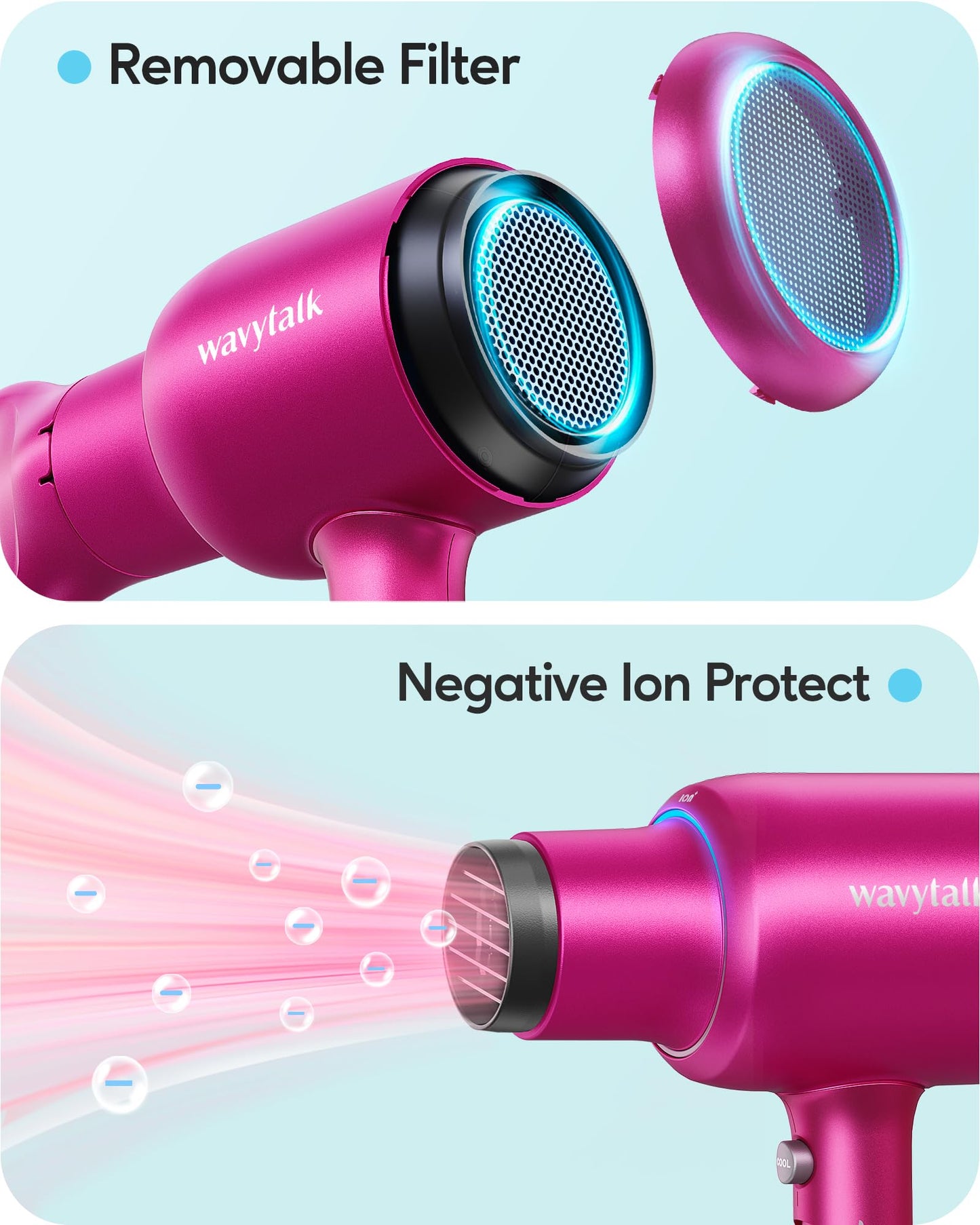 Wavytalk Hair Dryer with Diffuser, Blown Away Ionic Hair Dryer for Curly Hair, 1875W Fast Drying Blow Dryer with Ceramic Technology, 3 Attachments for All Hair Types, Light and Quiet, Hot Pink