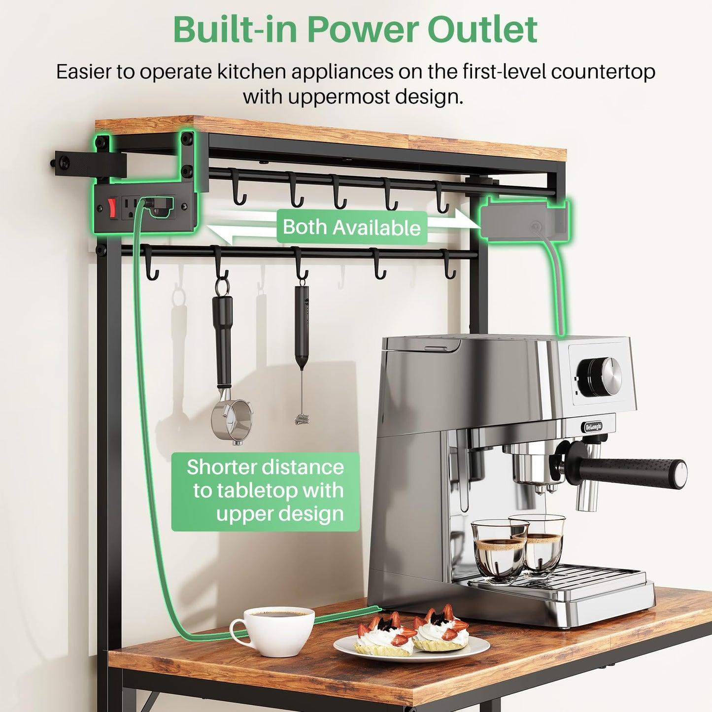 Kitchen Bakers Rack with Power Outlet 10 Hooks, 4 Tiers Coffee Bar Station Cabinet, Microwave Stand with Storage (Rustic Brown, 21.7 x 14.2 x 49.6 Inch)